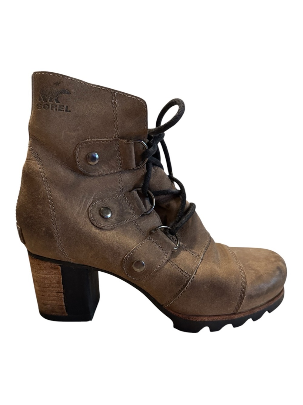 Sorel Brown Leather Lace-Up Block Heel Ankle Boot